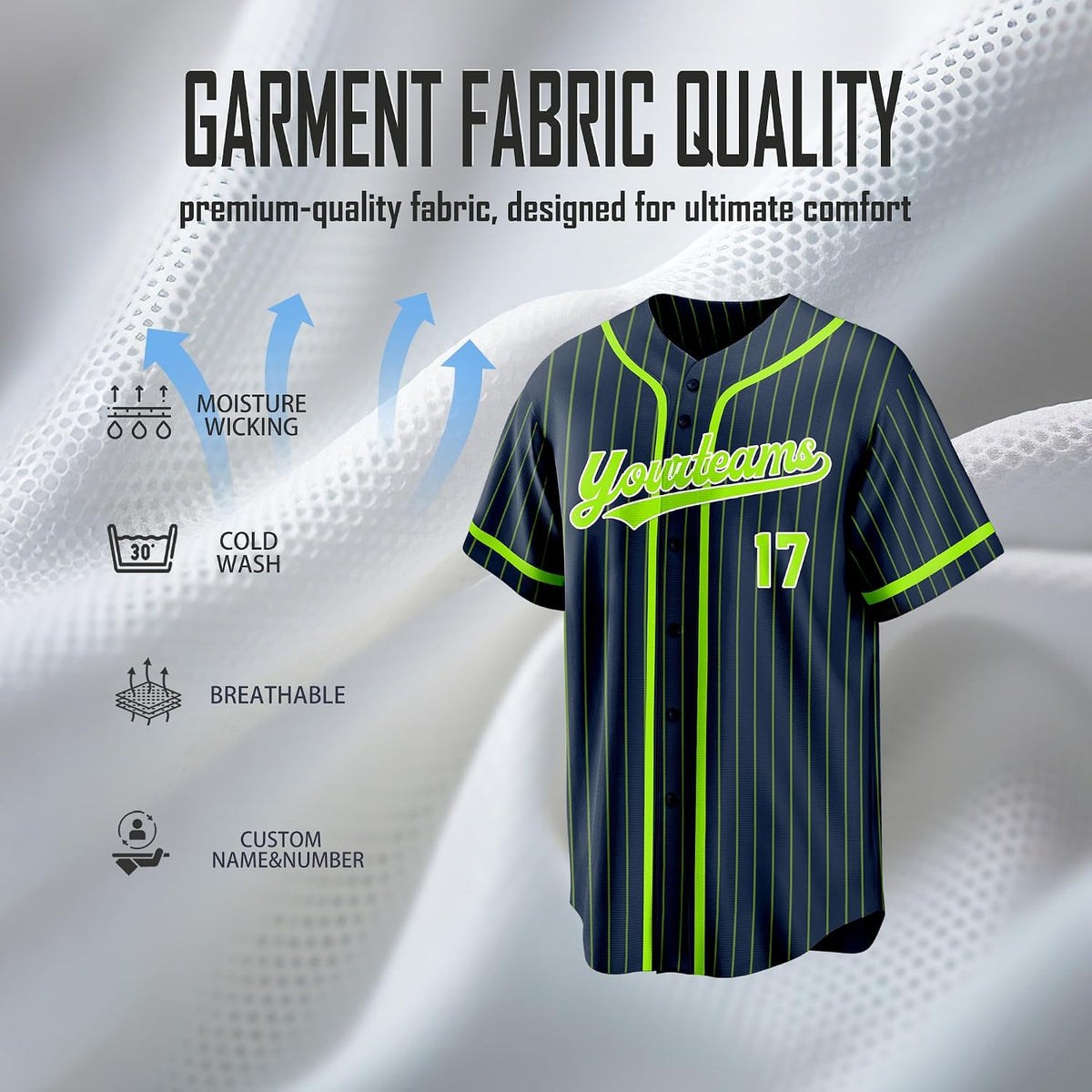 Custom Navy Baseball Jersey with Neon Green Pinstripes and Trim