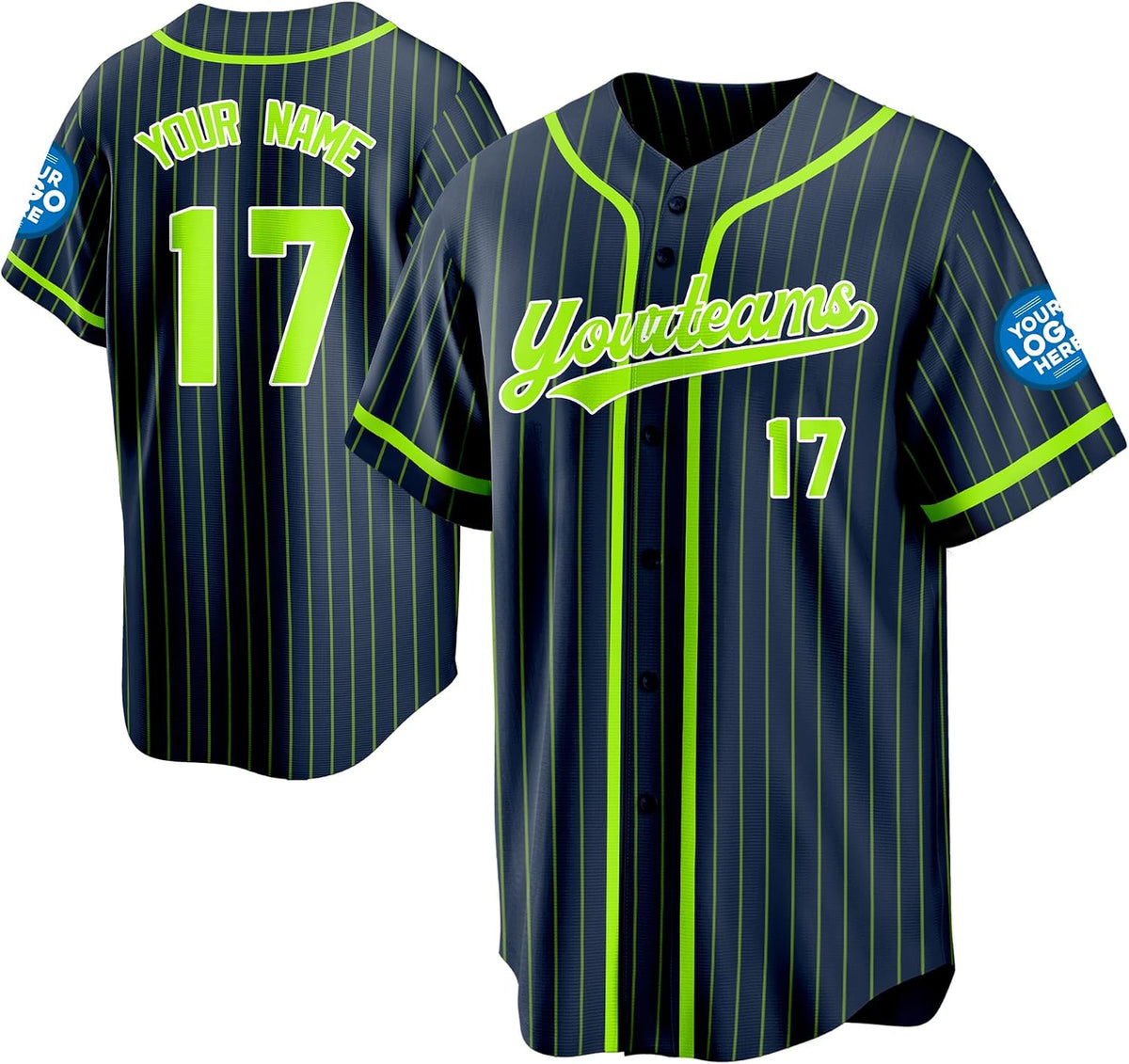 Custom Navy Baseball Jersey with Neon Green Pinstripes and Trim