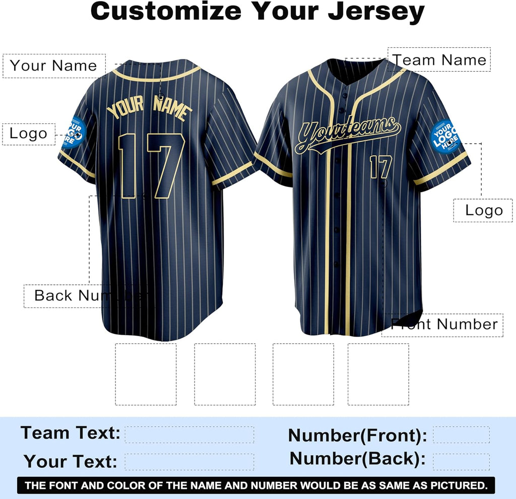 Custom Navy Pinstripe Baseball Jersey with Gold Trim and Name and Number