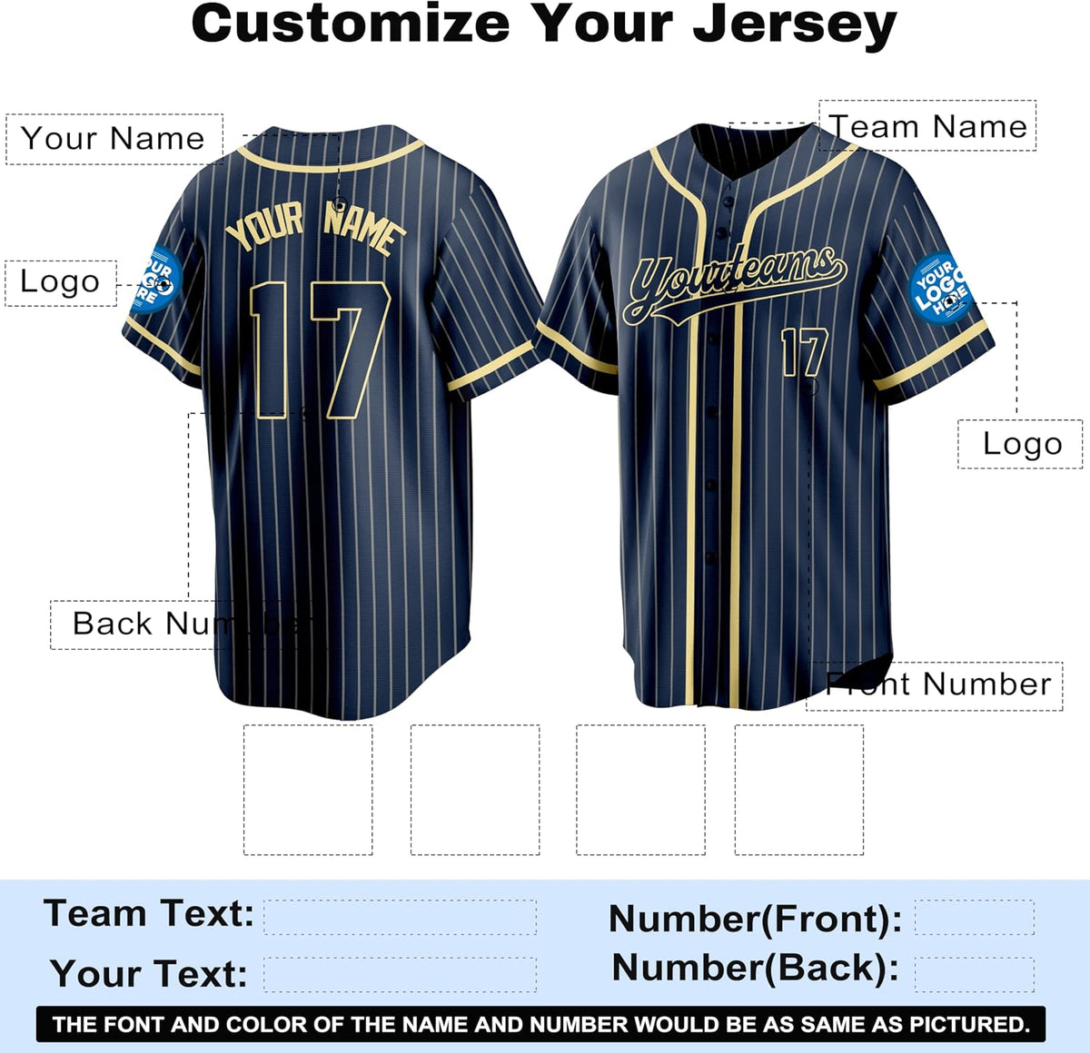 Custom Navy Pinstripe Baseball Jersey with Gold Trim and Name and Number