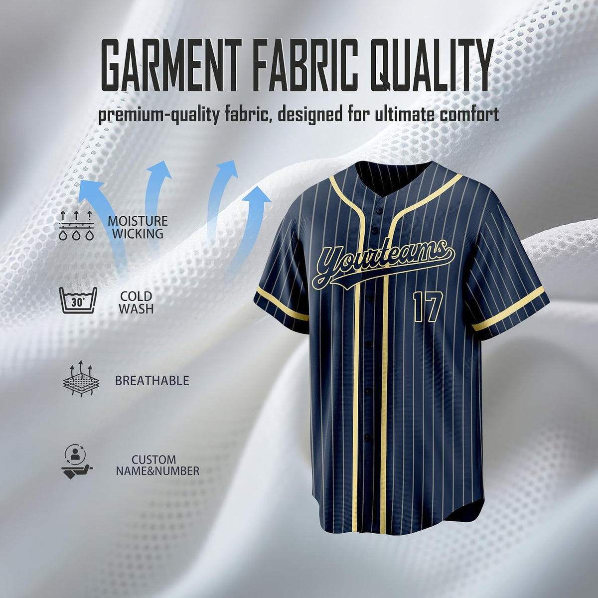 Custom Navy Pinstripe Baseball Jersey with Gold Trim and Name and Number
