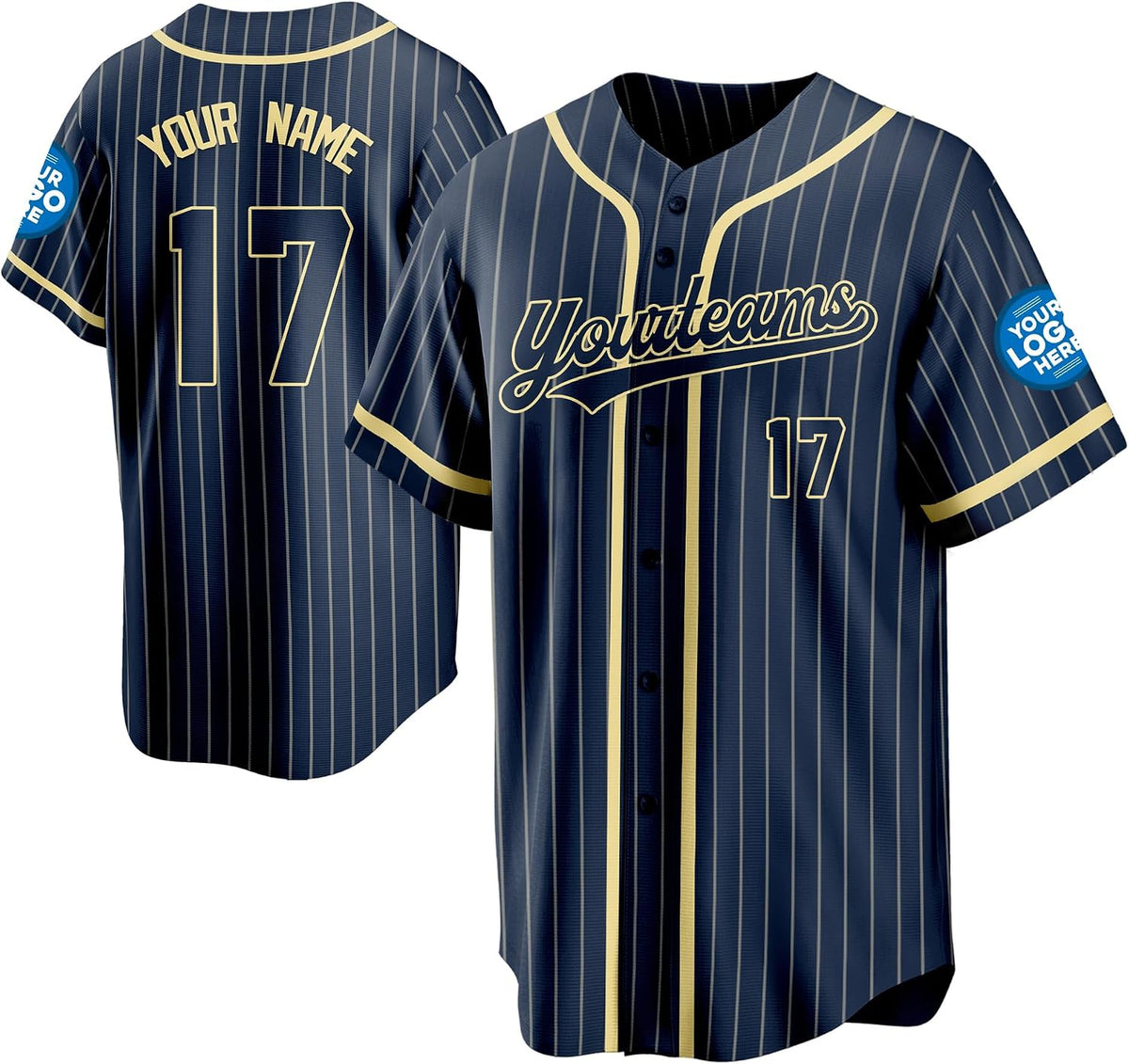 Custom Navy Pinstripe Baseball Jersey with Gold Trim and Name and Number