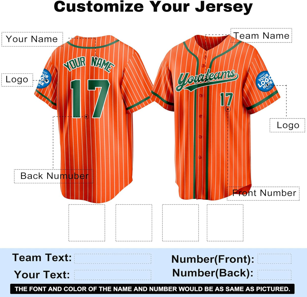 Custom Orange Pinstripe Baseball Jersey with Green Trim and Name and Number