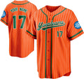 Custom Orange Pinstripe Baseball Jersey with Green Trim and Name and Number