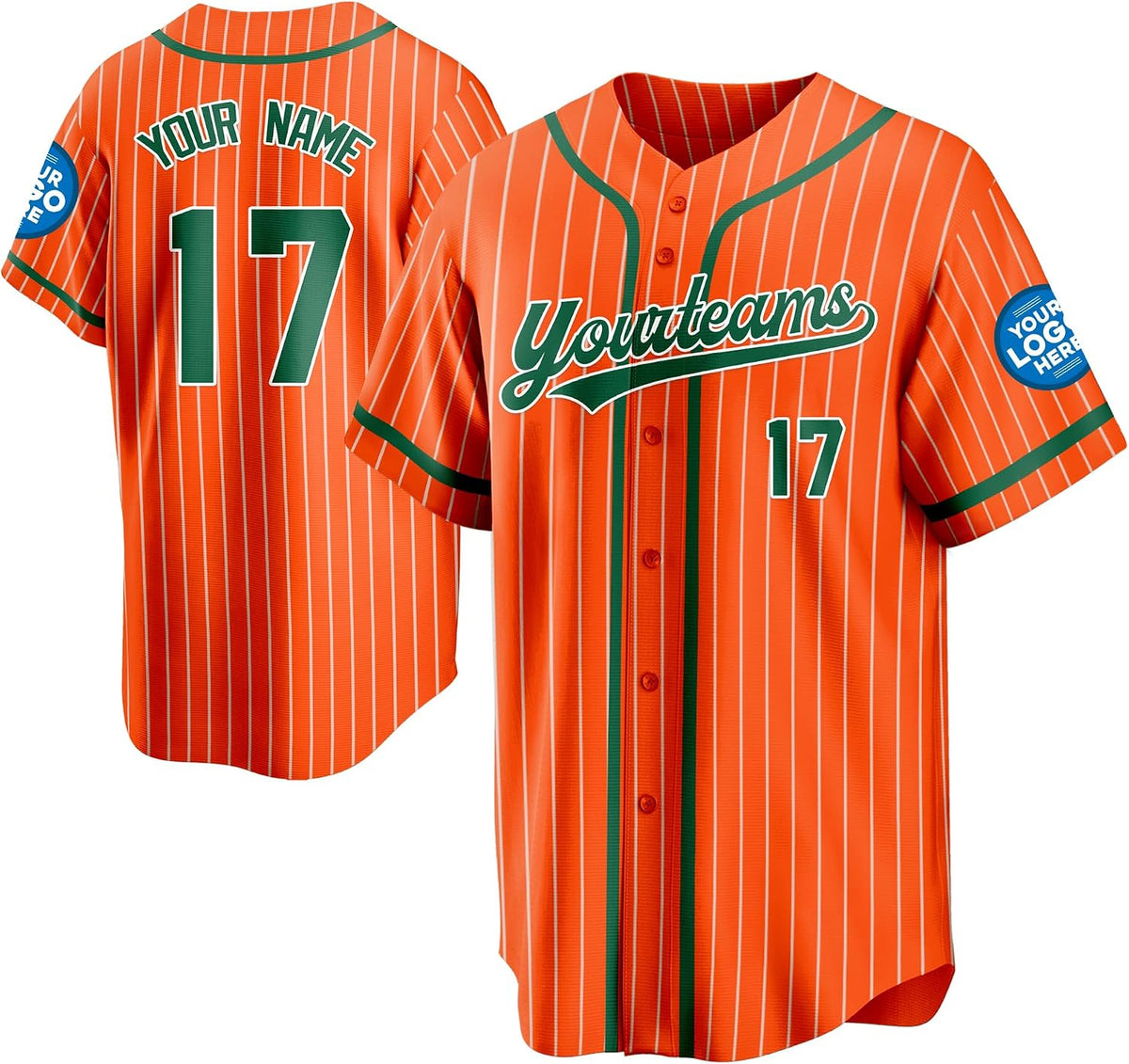 Custom Orange Pinstripe Baseball Jersey with Green Trim and Name and Number