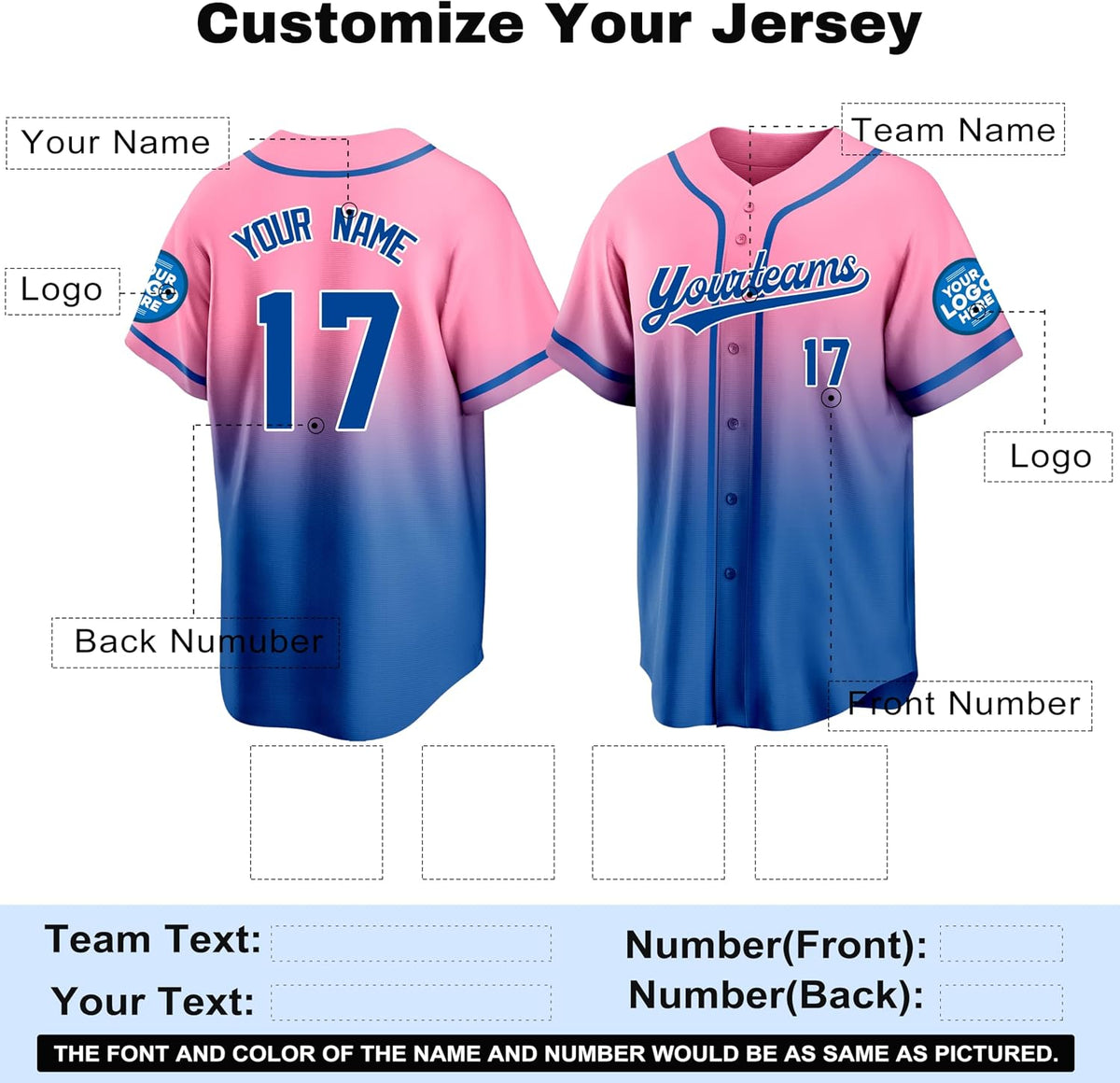 Custom Pink to Blue Gradient Baseball Jersey with Name and Number
