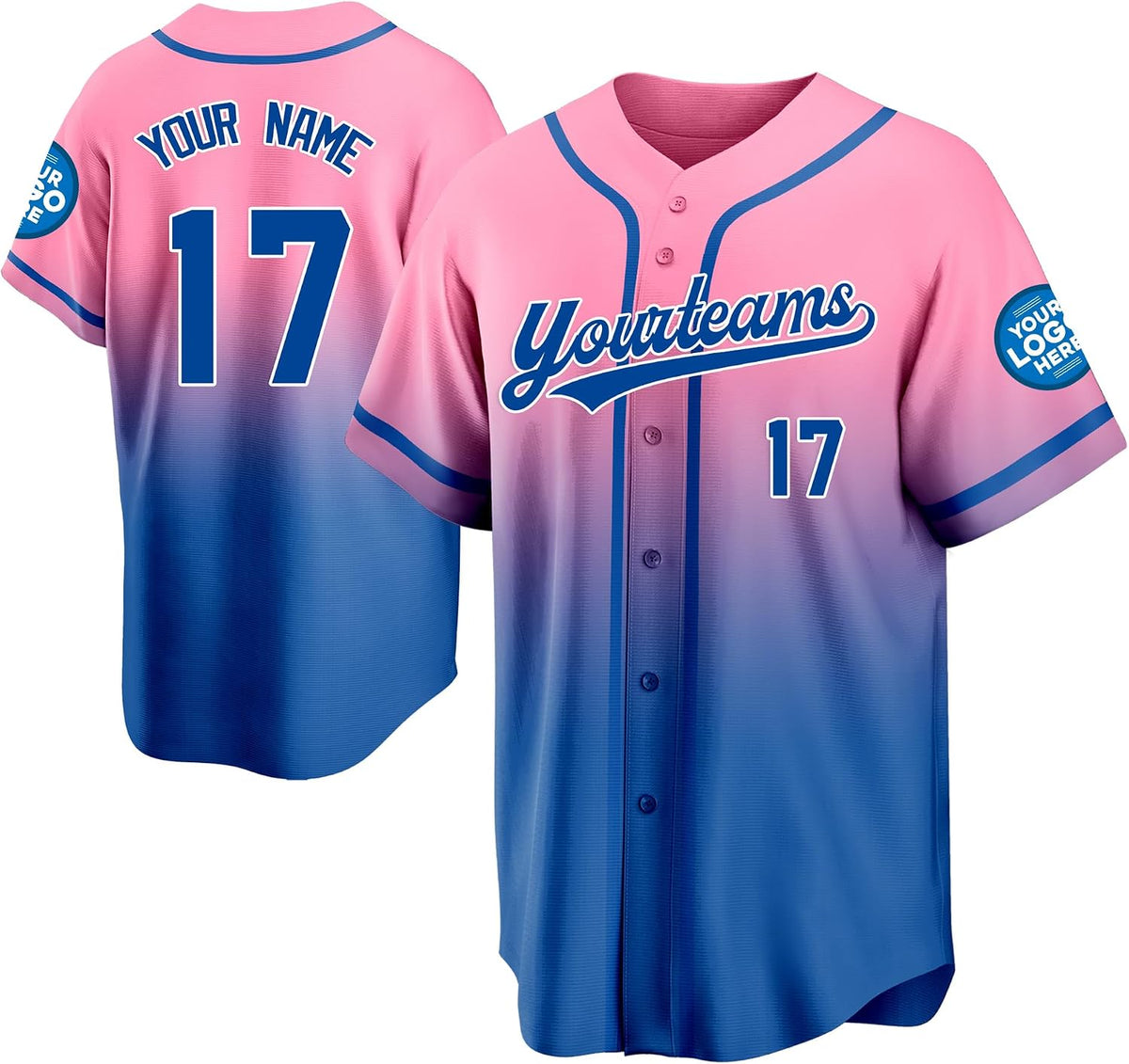 Custom Pink to Blue Gradient Baseball Jersey with Name and Number