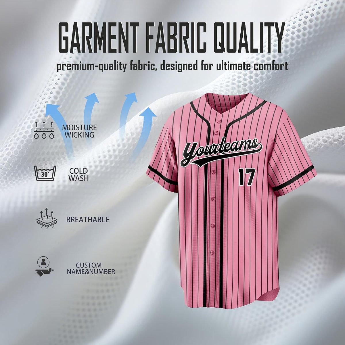 Custom Pink Baseball Jersey with Black Pinstripes and Trim