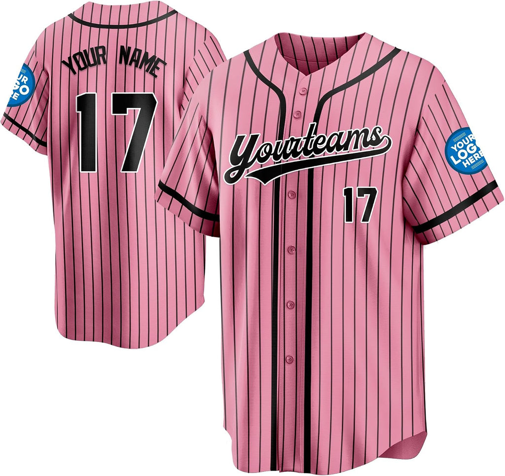Custom Pink Baseball Jersey with Black Pinstripes and Trim