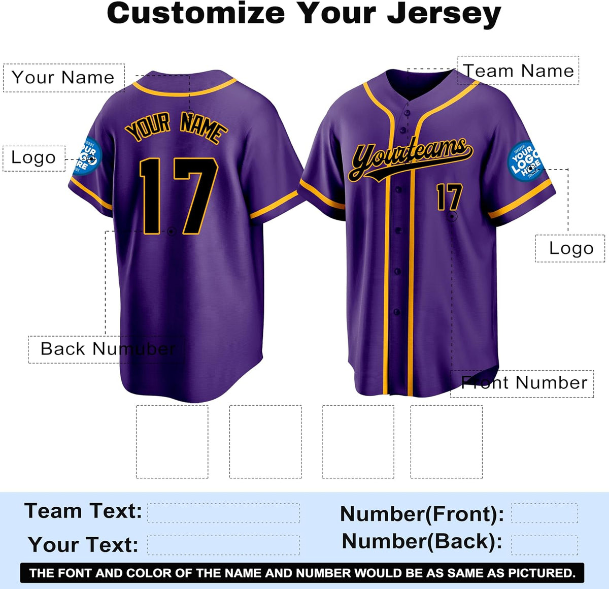 Custom Purple Baseball Jersey with Gold Piping and Black Lettering