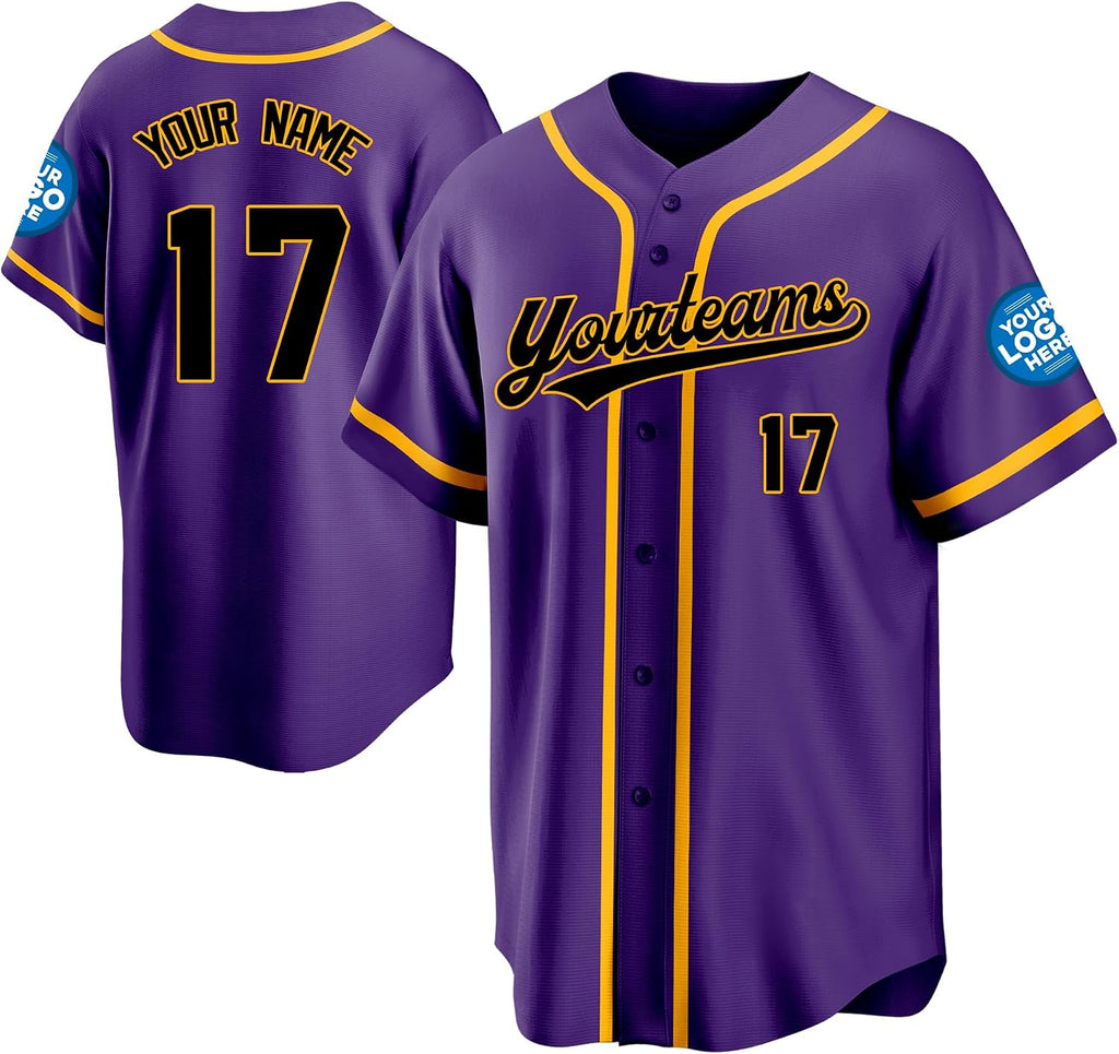 Custom Purple Baseball Jersey with Gold Piping and Black Lettering