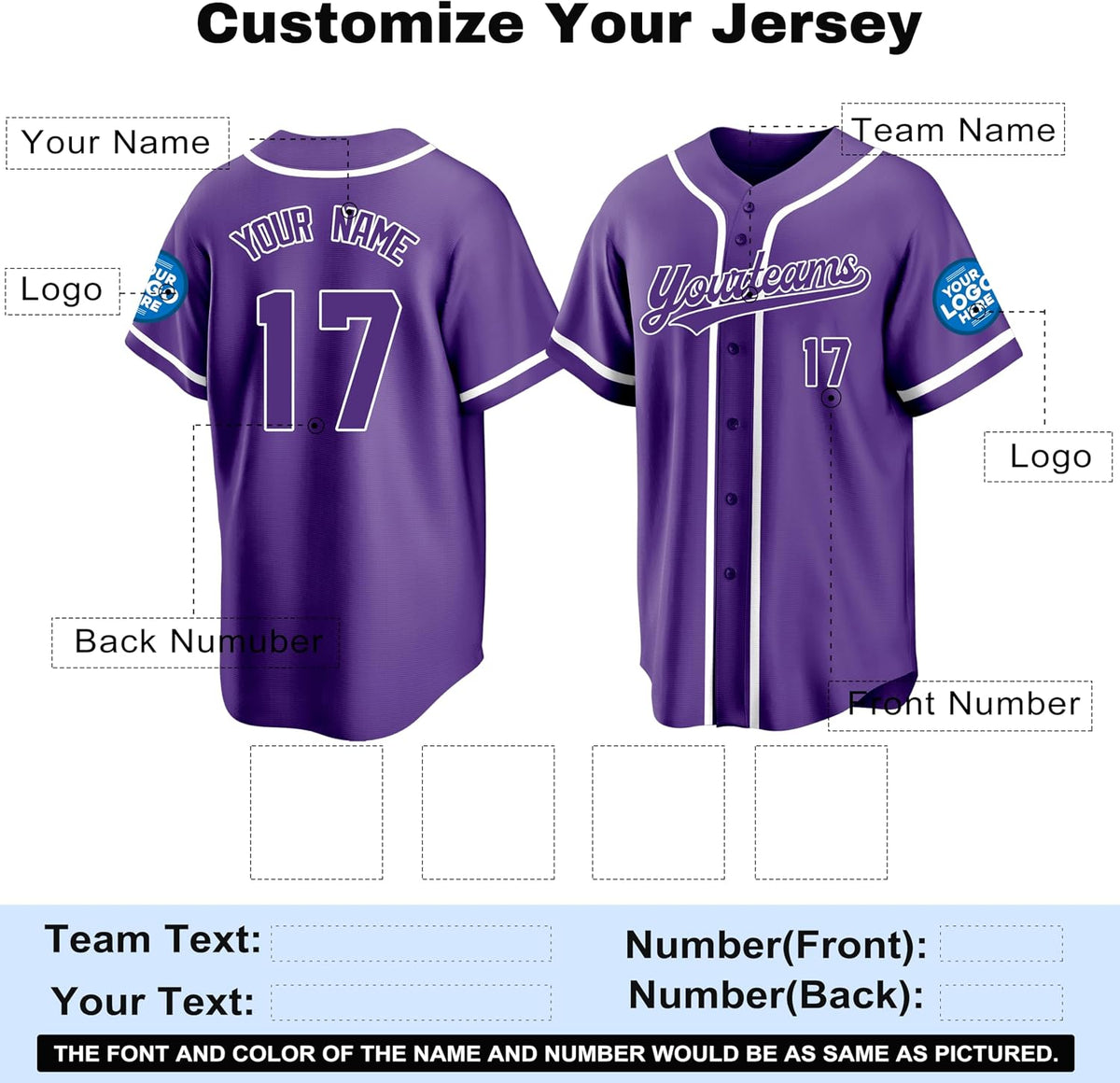 Custom Purple Baseball Jersey with White Piping and Name and Number