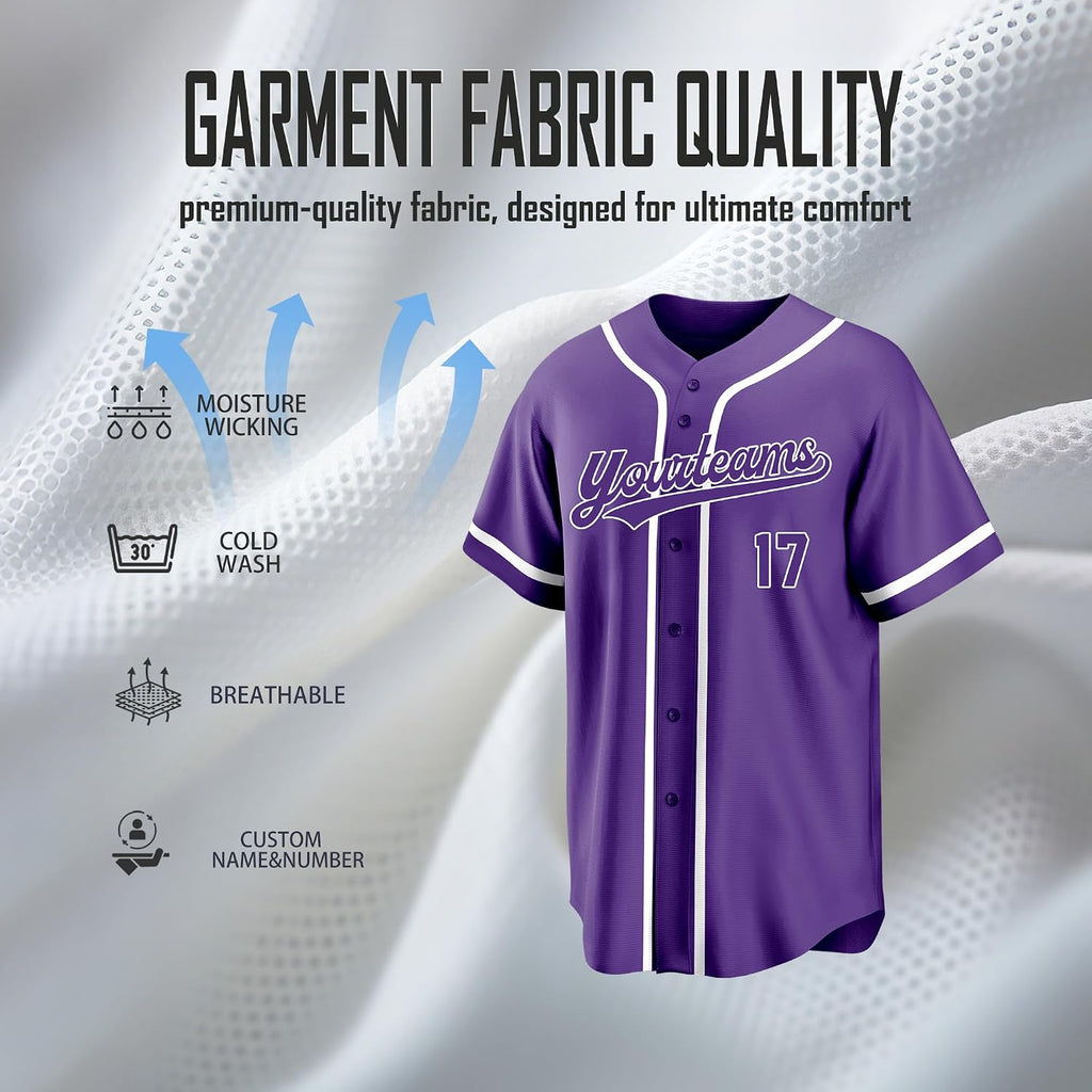 Custom Purple Baseball Jersey with White Piping and Name and Number