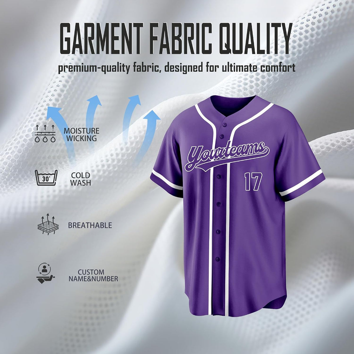 Custom Purple Baseball Jersey with White Piping and Name and Number