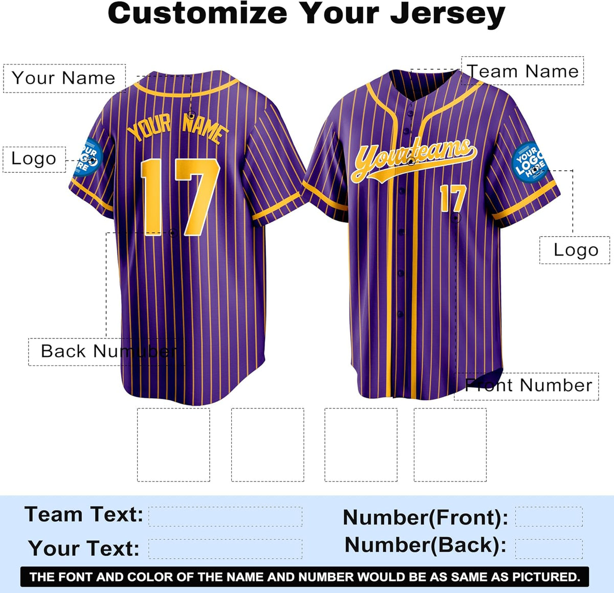 Custom Purple Baseball Jersey with Gold Pinstripes and Trim