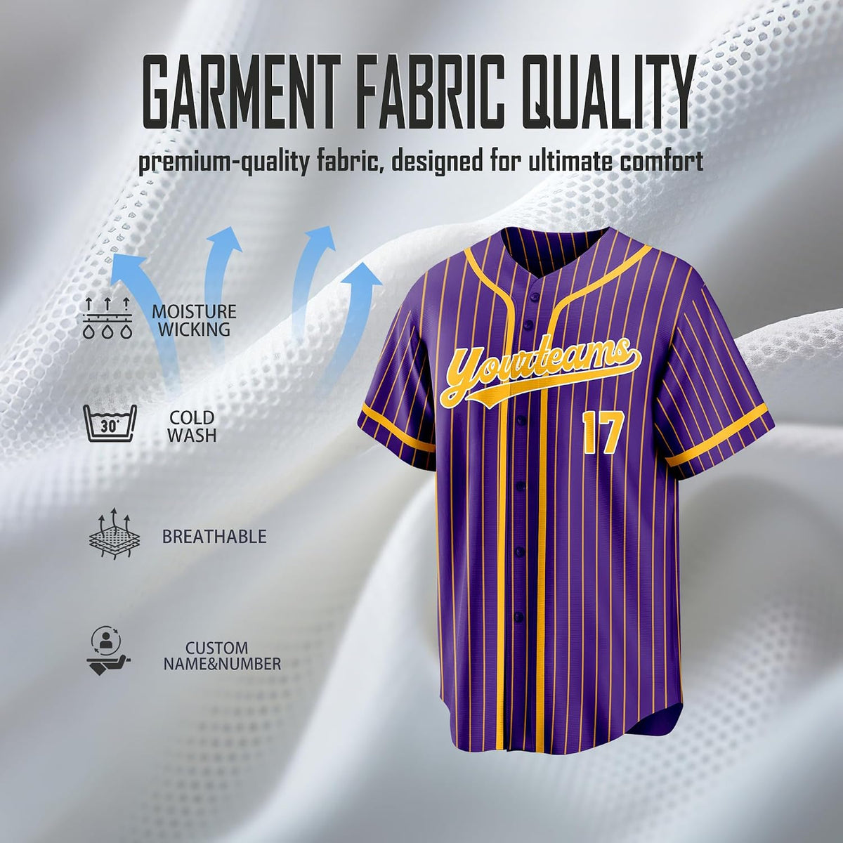 Custom Purple Baseball Jersey with Gold Pinstripes and Trim