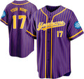 Custom Purple Baseball Jersey with Gold Pinstripes and Trim