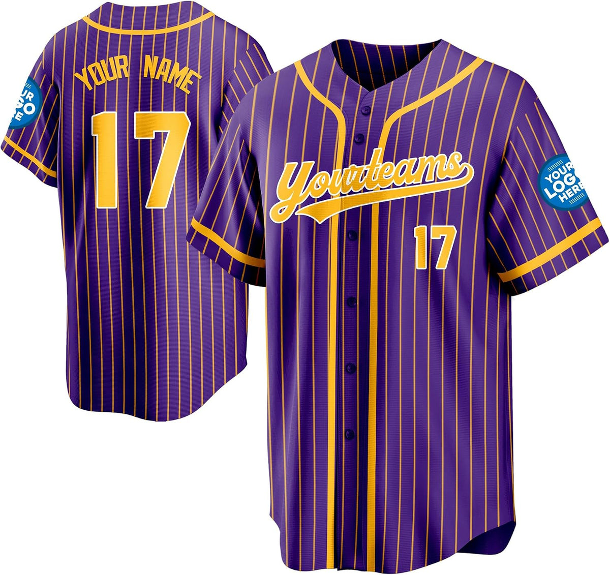 Custom Purple Baseball Jersey with Gold Pinstripes and Trim