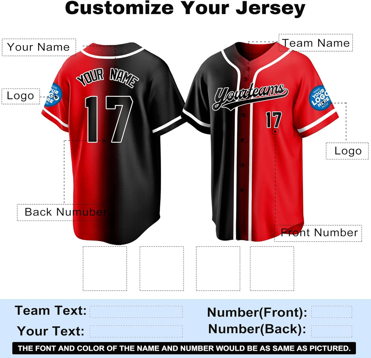 Custom Black and Red Split-Color Baseball Jersey with Name and Number