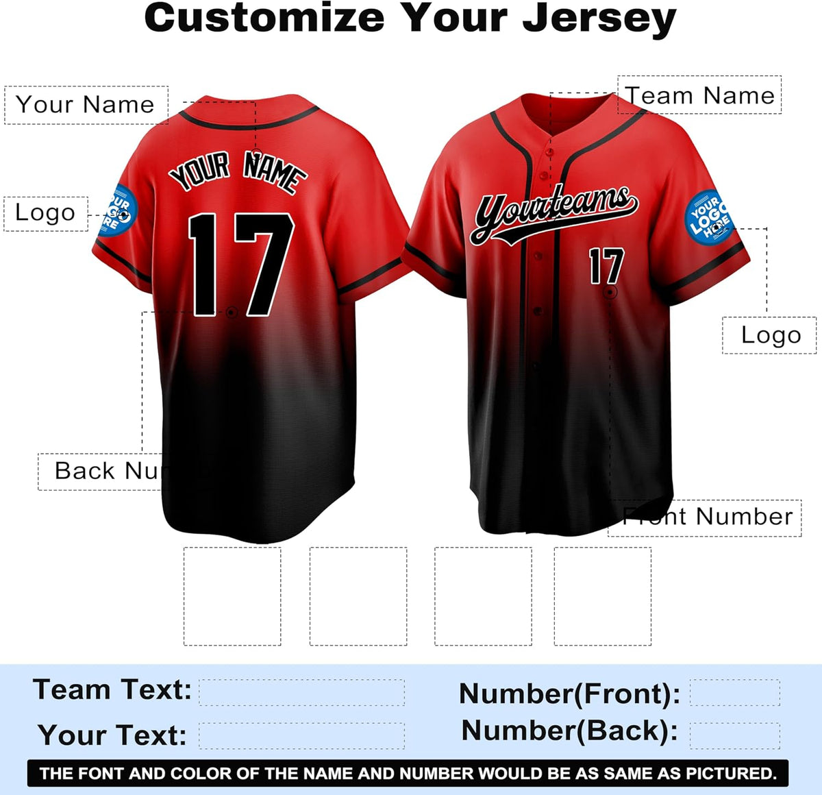 Custom Red to Black Gradient Baseball Jersey with Name and Number