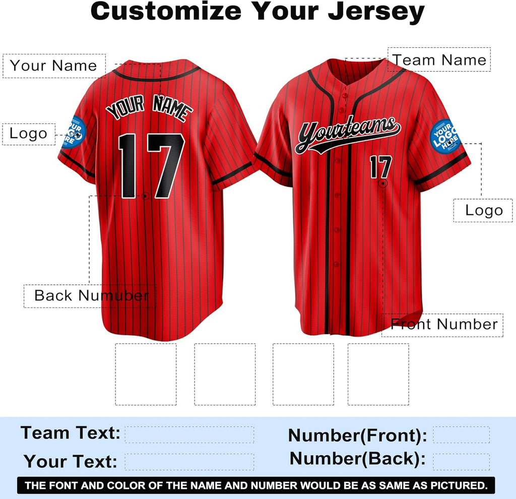 Custom Red and Black Pinstripe Baseball Jersey with Name and Number