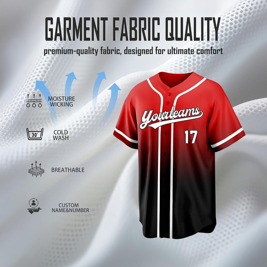 Custom Red and Black Gradient Baseball Jersey with White Piping