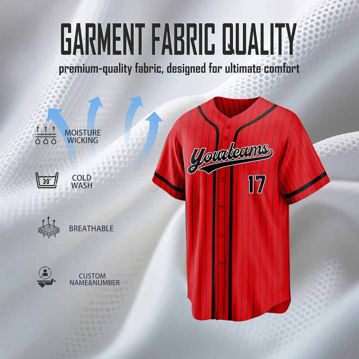 Custom Red and Black Pinstripe Baseball Jersey with Name and Number