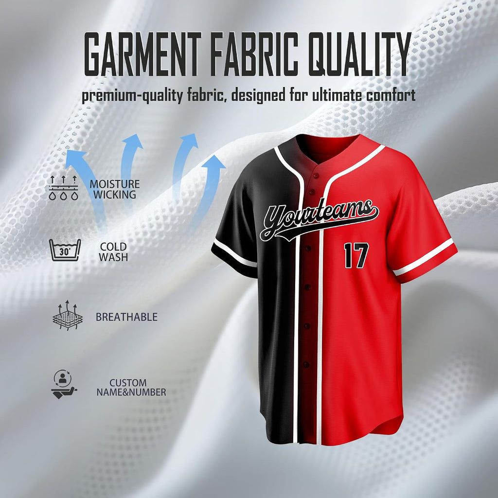 Custom Black and Red Split-Color Baseball Jersey with Name and Number