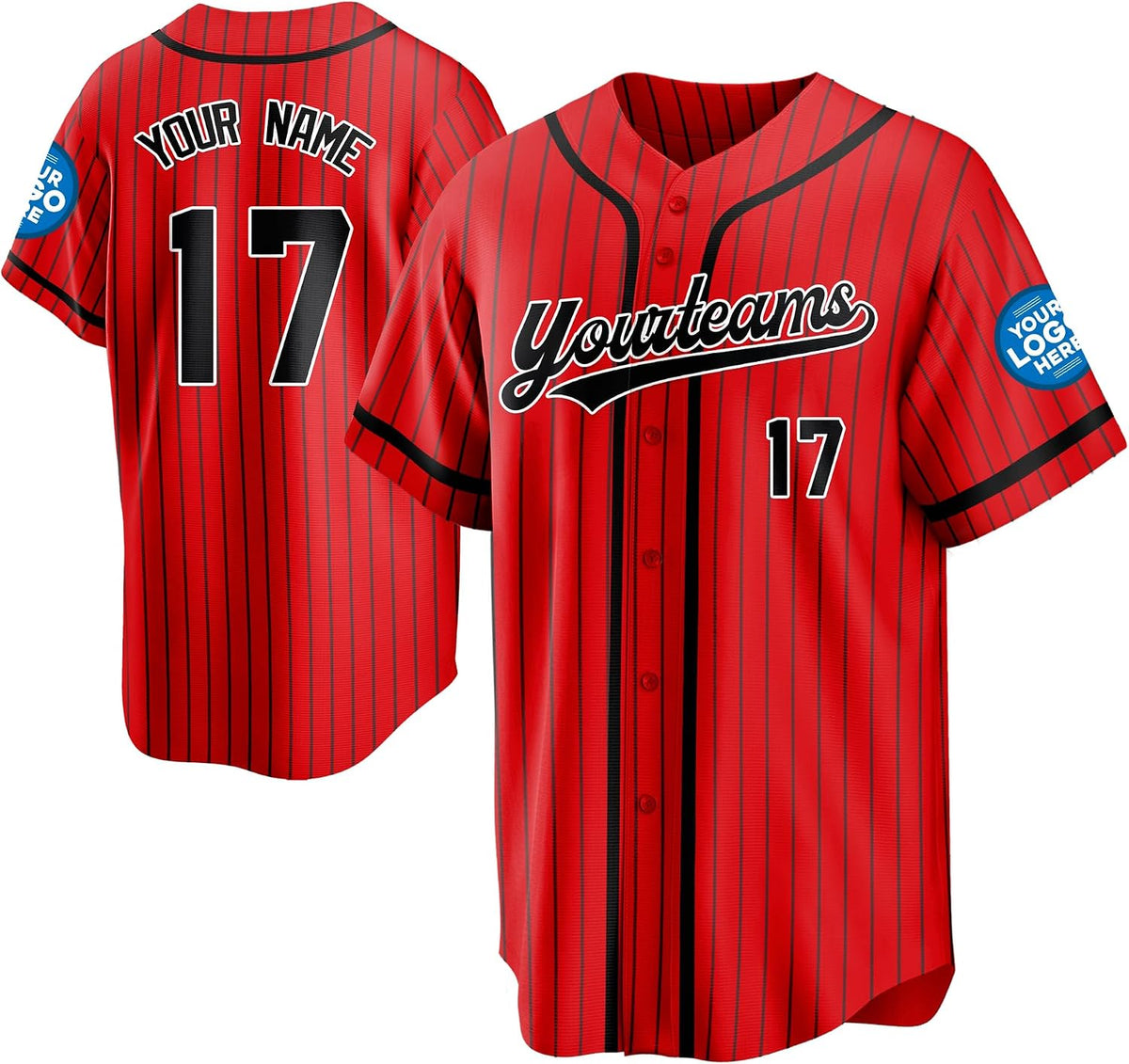 Custom Red and Black Pinstripe Baseball Jersey with Name and Number