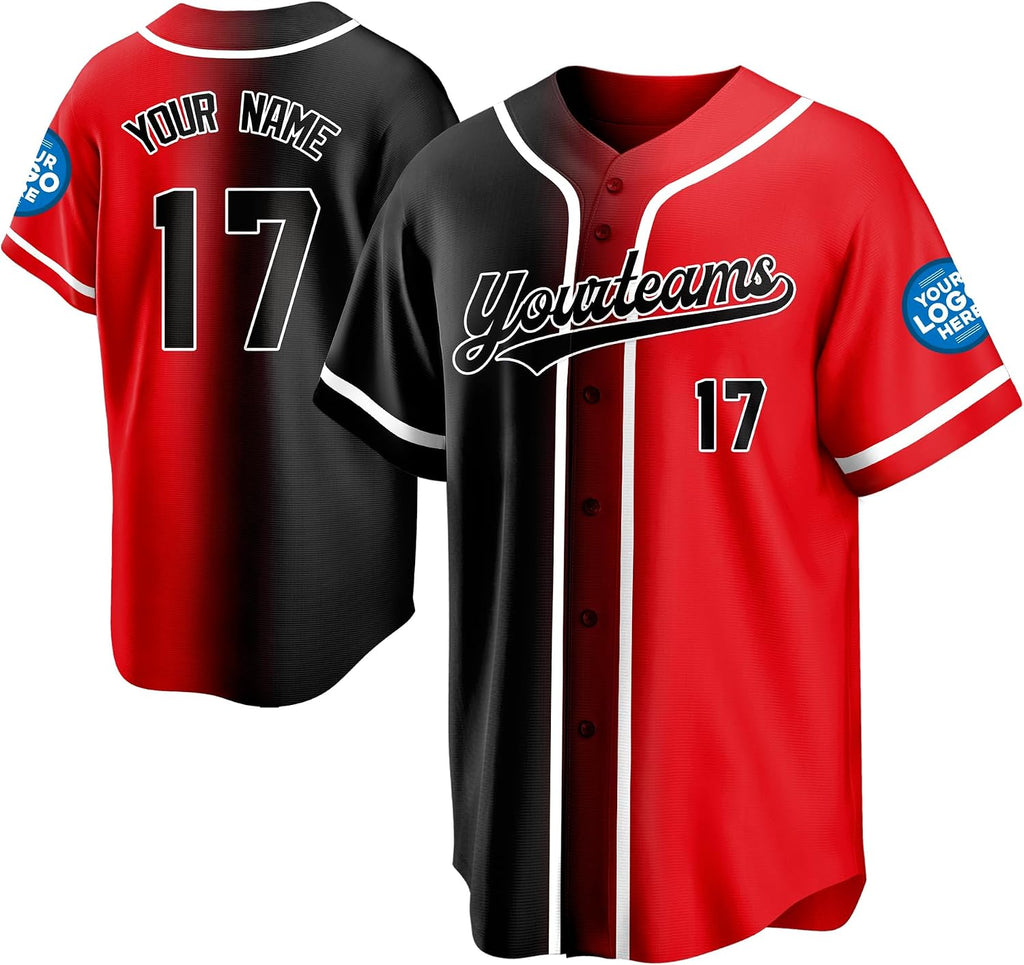 Custom Black and Red Split-Color Baseball Jersey with Name and Number