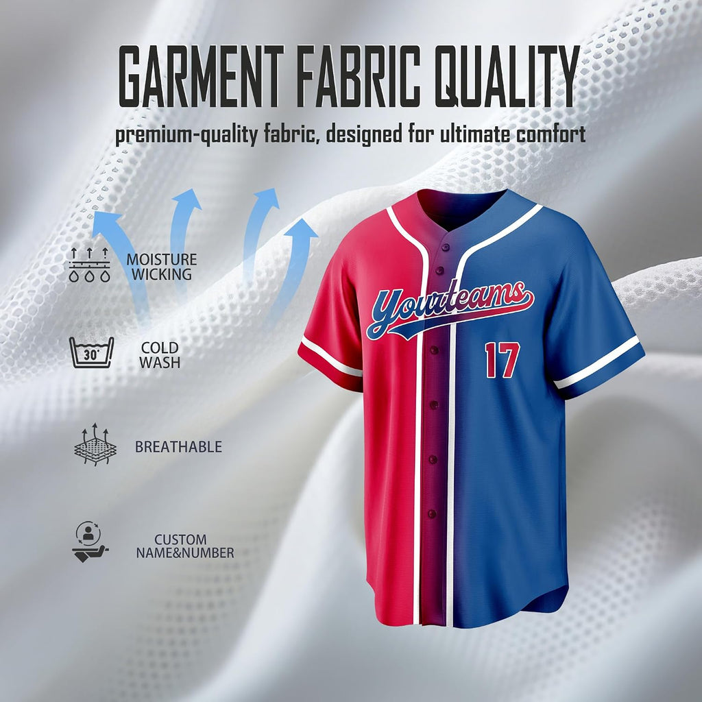 Custom Red and Blue Split-Color Baseball Jersey with Name and Number