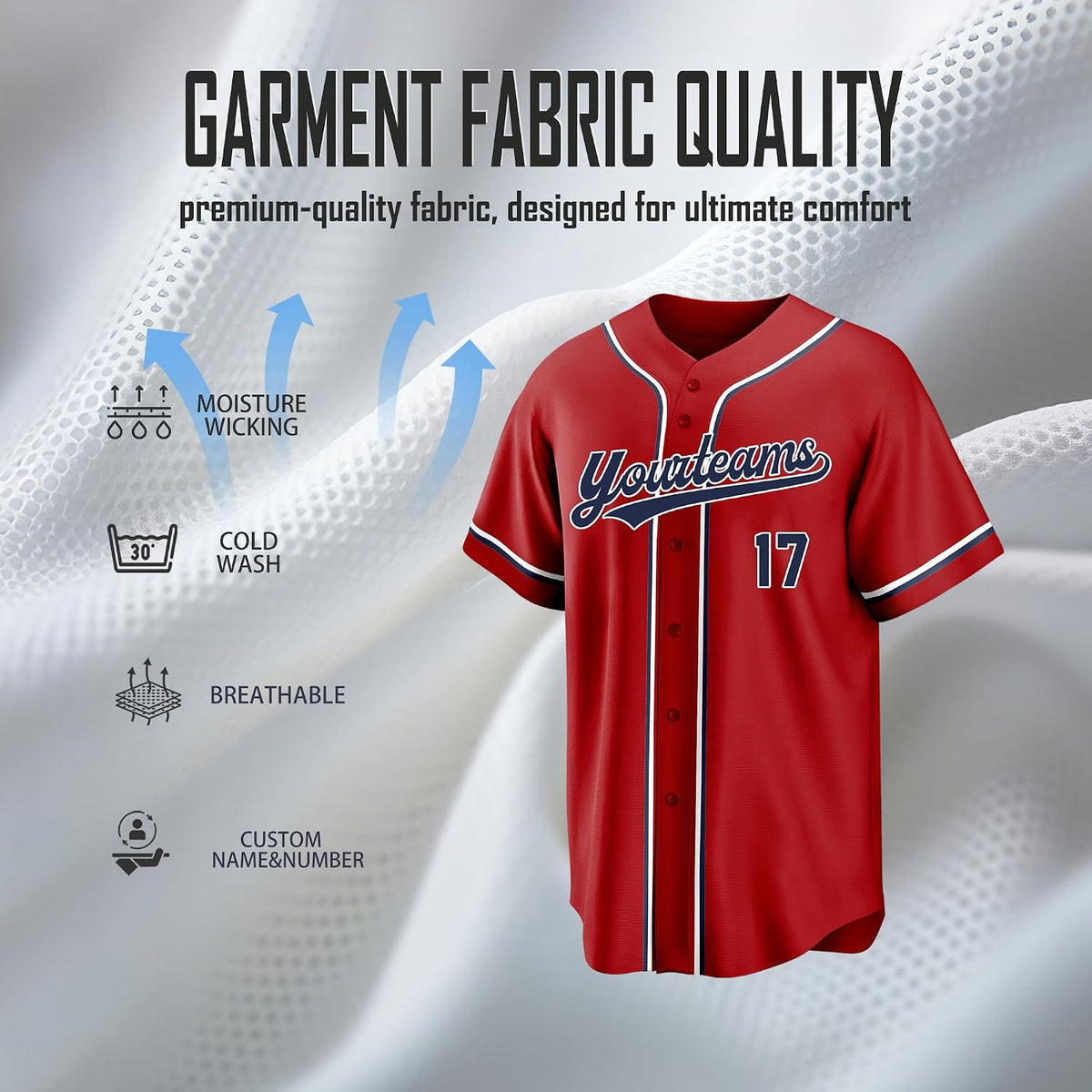 Custom Red Baseball Jersey with Navy and White Piping