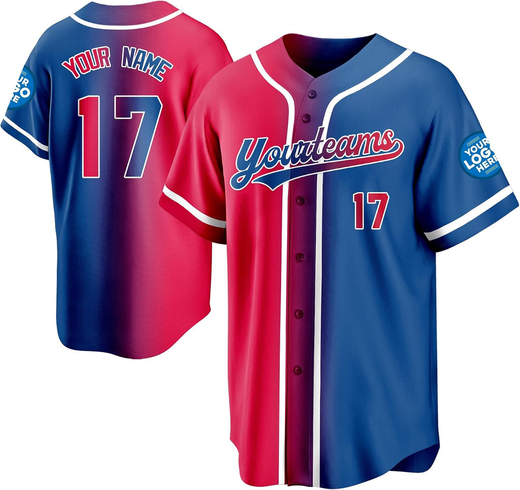 Custom Red and Blue Split-Color Baseball Jersey with Name and Number
