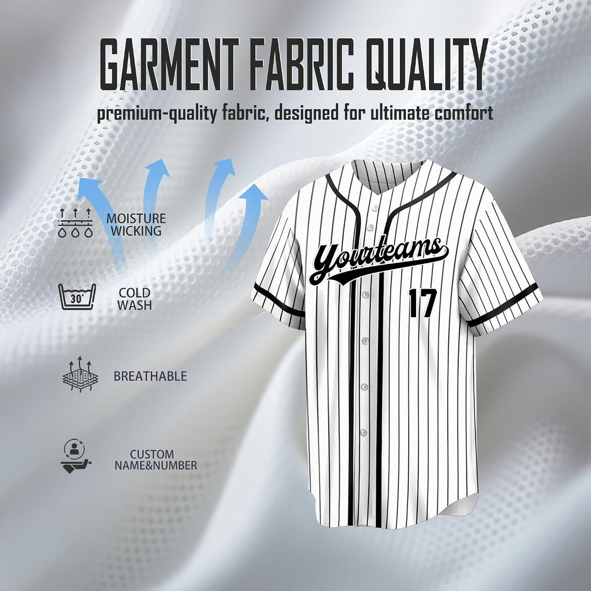 Custom White and Black Pinstripe Baseball Jersey with Name and Number