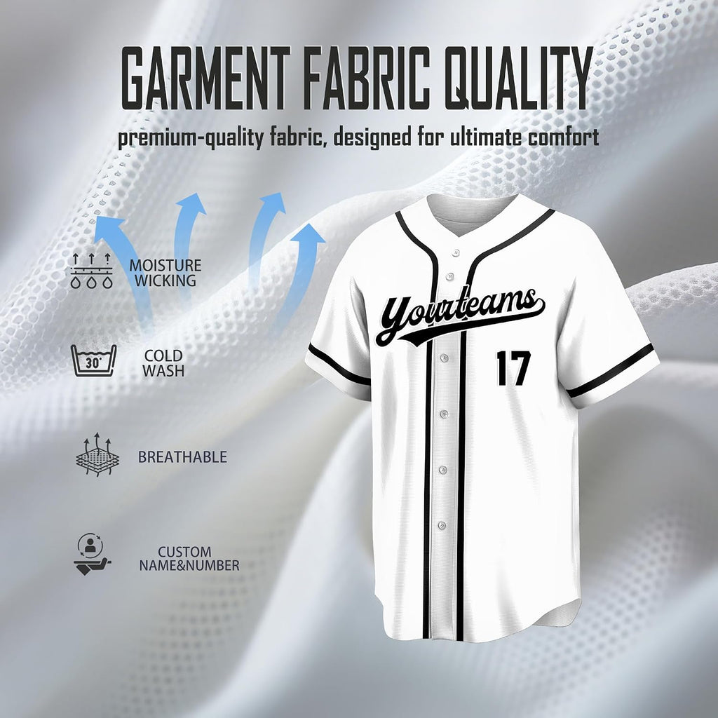Custom White Baseball Jersey with Black Trim and Name and Number