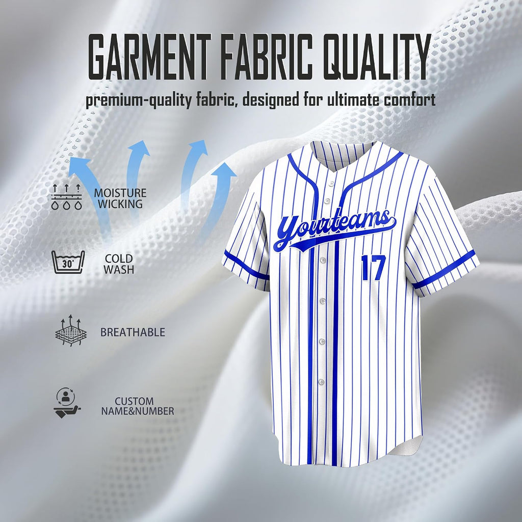 Custom White and Blue Pinstripe Baseball Jersey with Name and Number