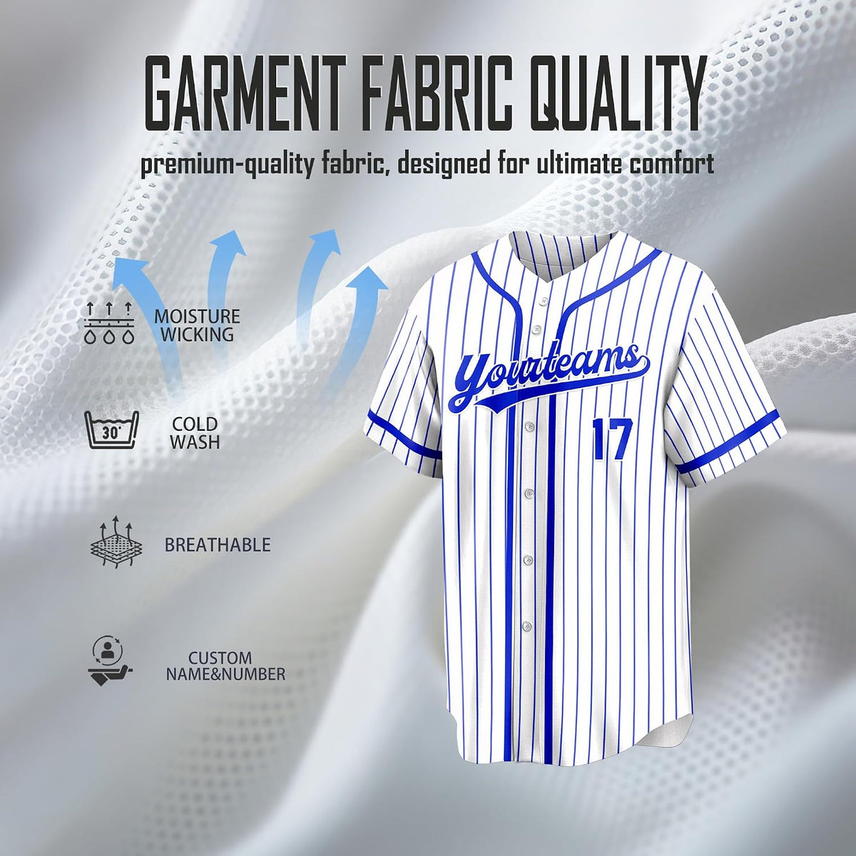Custom White and Blue Pinstripe Baseball Jersey with Name and Number