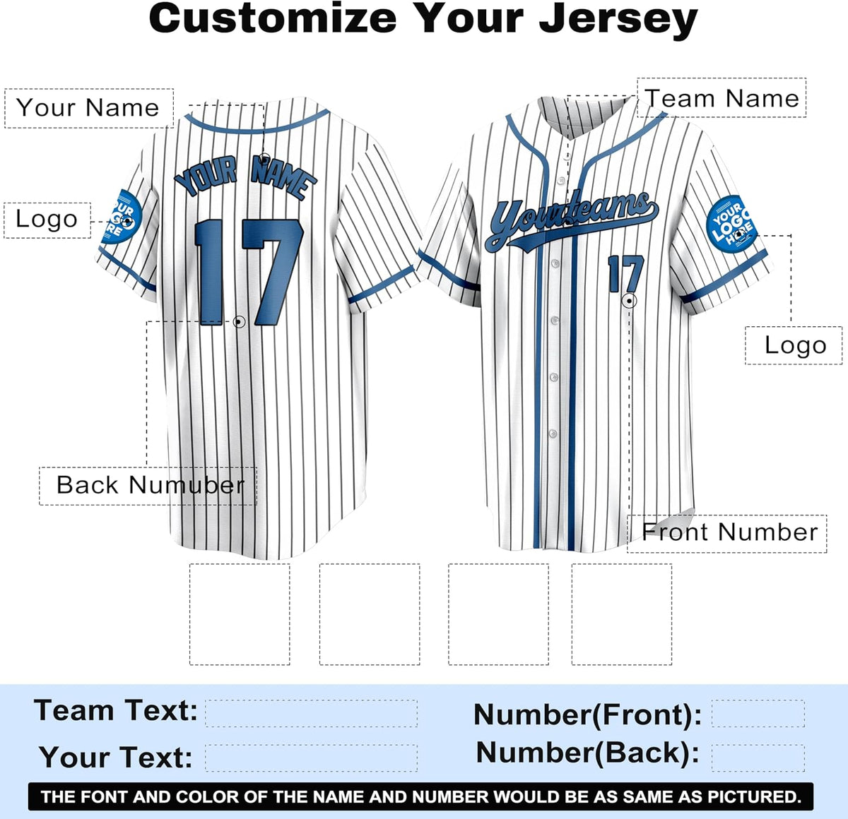 Custom White Pinstripe Baseball Jersey with Royal Blue Trim and Player Name
