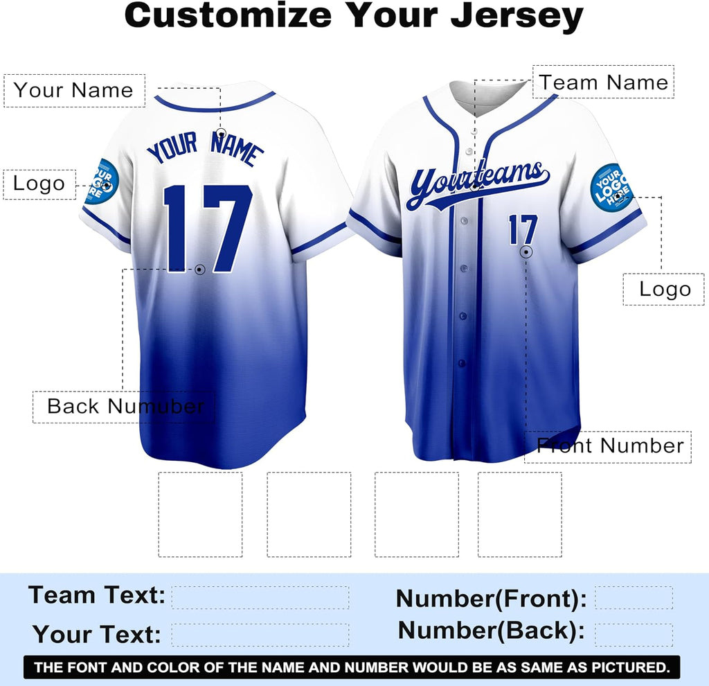 Custom White to Royal Blue Gradient Baseball Jersey with Name and Number