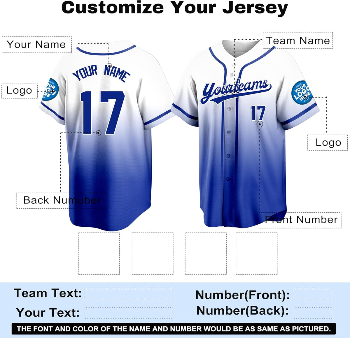 Custom White to Royal Blue Gradient Baseball Jersey with Name and Number