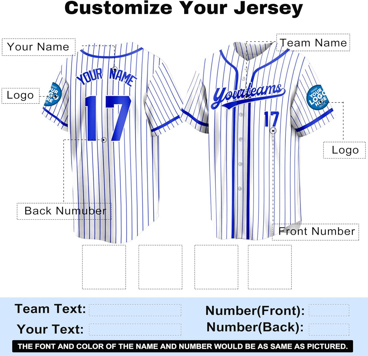 Custom White and Blue Pinstripe Baseball Jersey with Name and Number