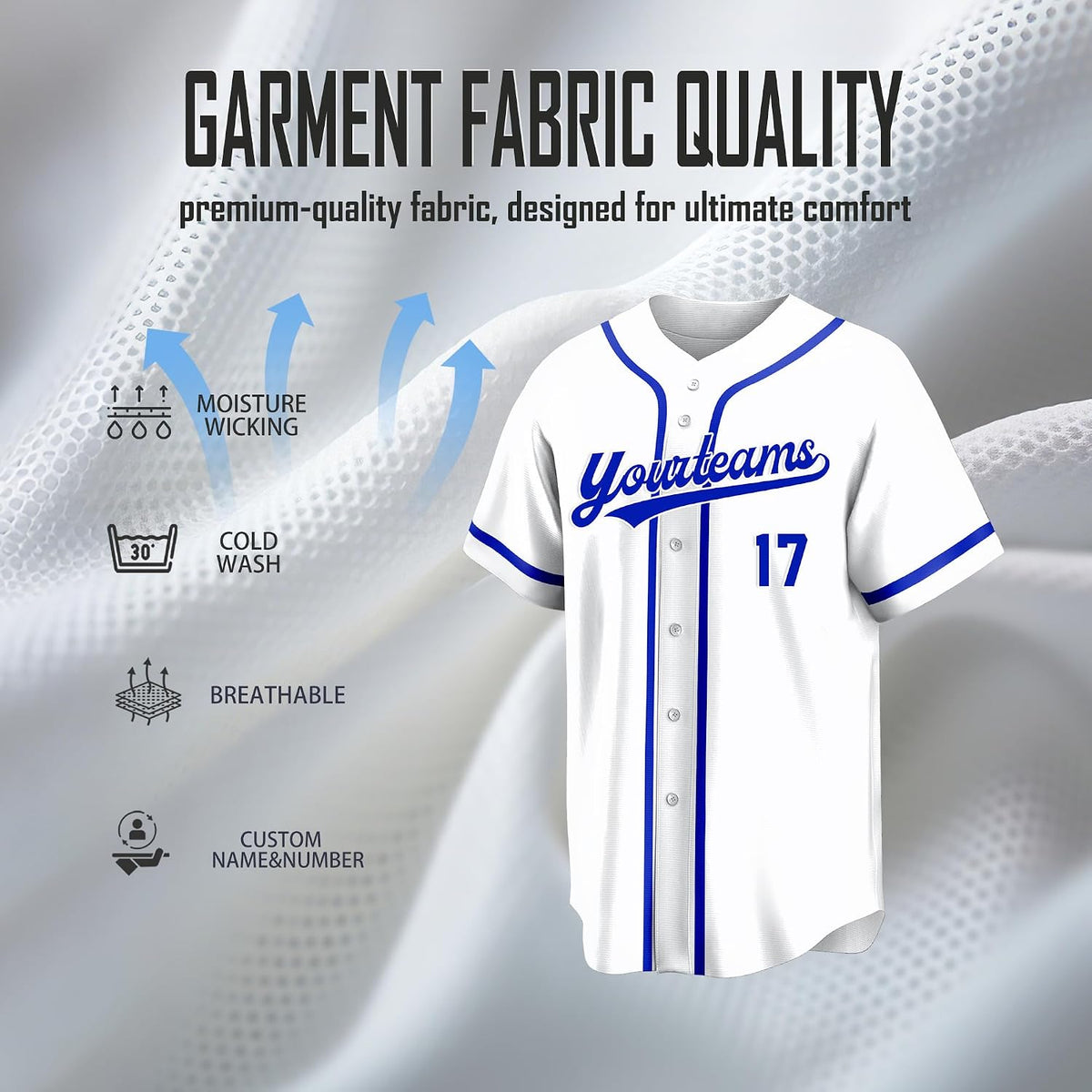 Custom White Baseball Jersey with Royal Blue Piping and Lettering
