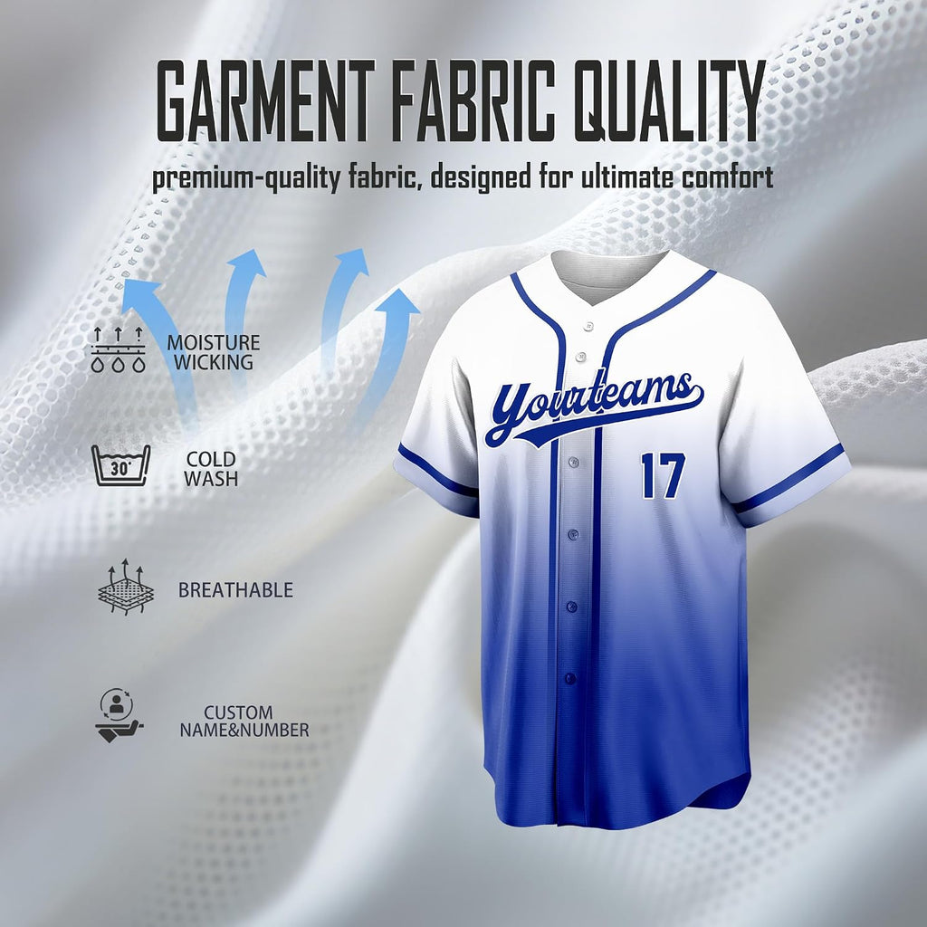 Custom White to Royal Blue Gradient Baseball Jersey with Name and Number