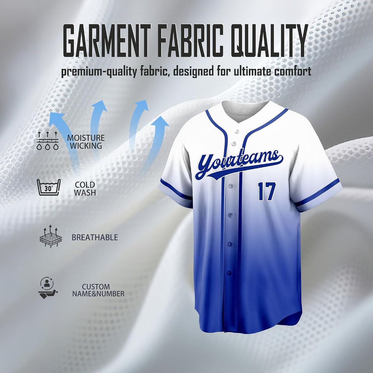 Custom White to Royal Blue Gradient Baseball Jersey with Name and Number