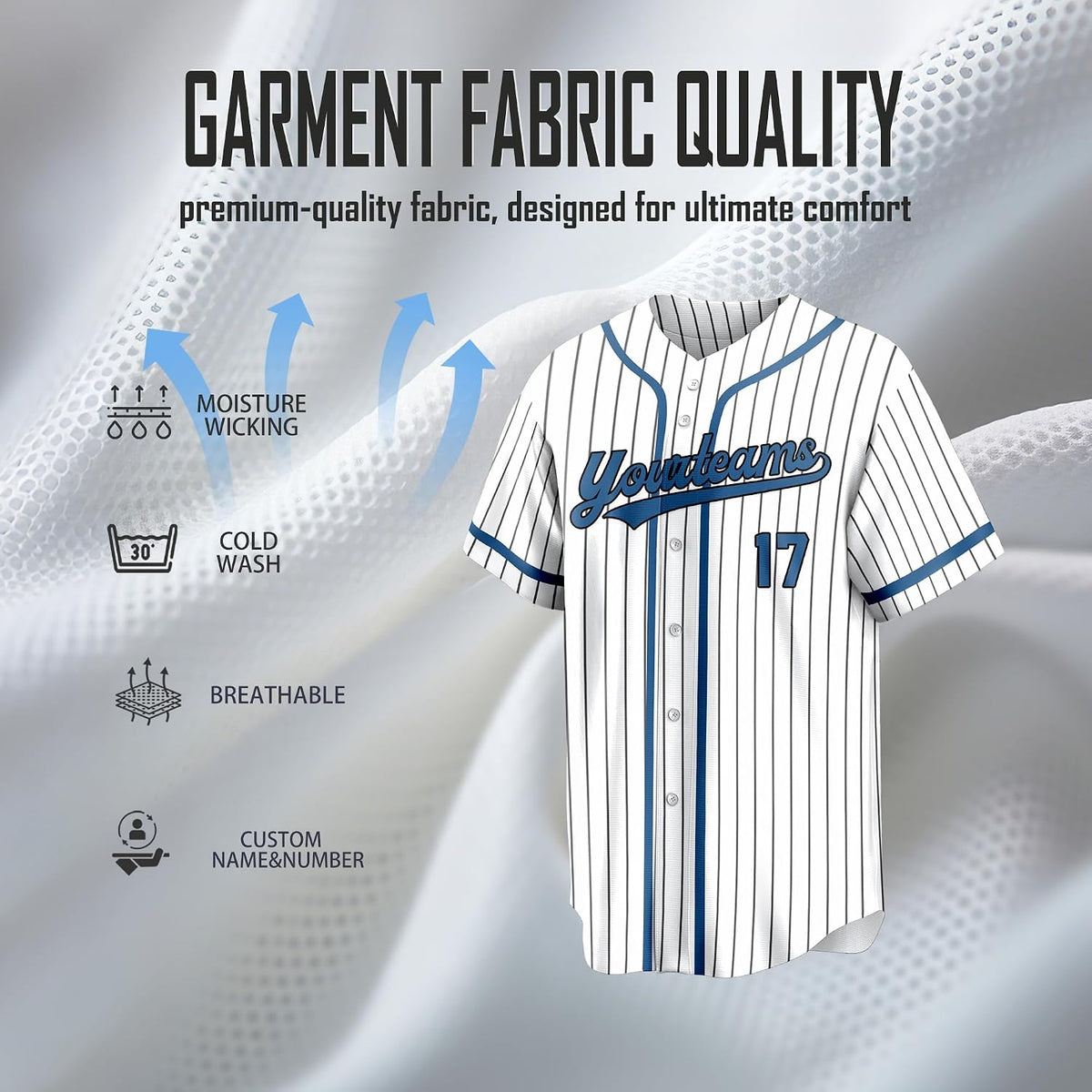 Custom White Pinstripe Baseball Jersey with Royal Blue Trim and Player Name