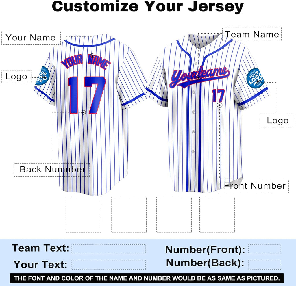 Custom White Baseball Jersey with Blue Pinstripes and Red Outlined Lettering