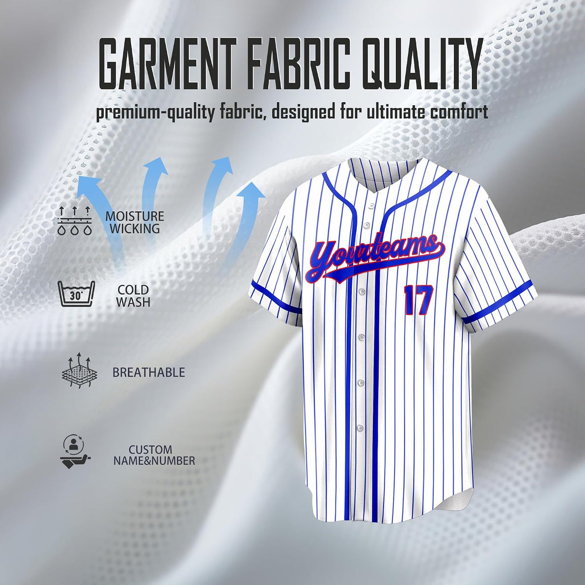 Custom White Baseball Jersey with Blue Pinstripes and Red Outlined Lettering