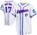 Custom White Baseball Jersey with Blue Pinstripes and Red Outlined Lettering