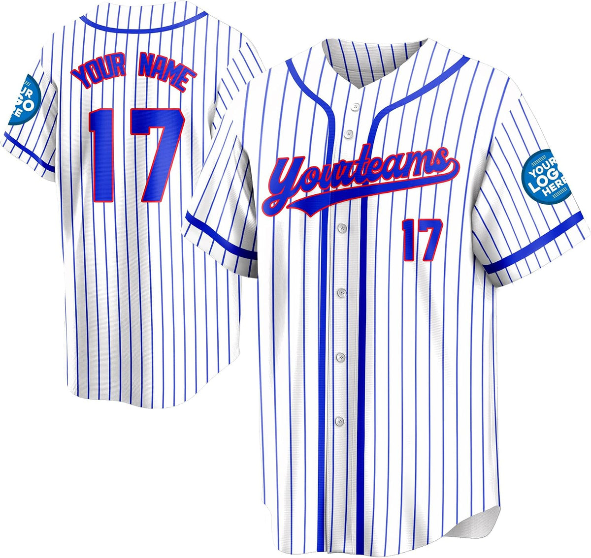 Custom White Baseball Jersey with Blue Pinstripes and Red Outlined Lettering