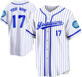 Custom White and Blue Pinstripe Baseball Jersey with Name and Number